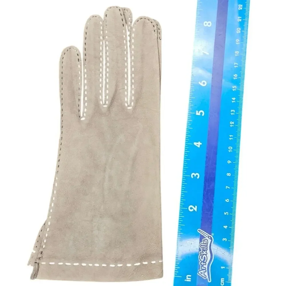 Vintage Gray Suede Driving Gloves Split Back Seam Stitching Detail Like New